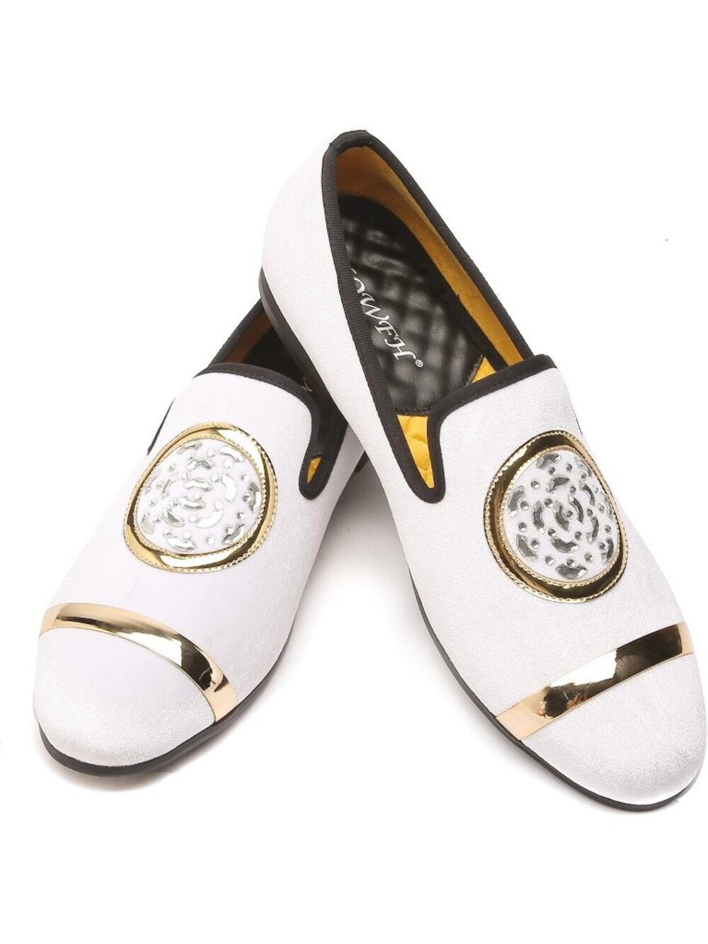 🆕XQWFH Men's White Leather Velvet Loafers With Gold Plate Smoking Slip On Shoes